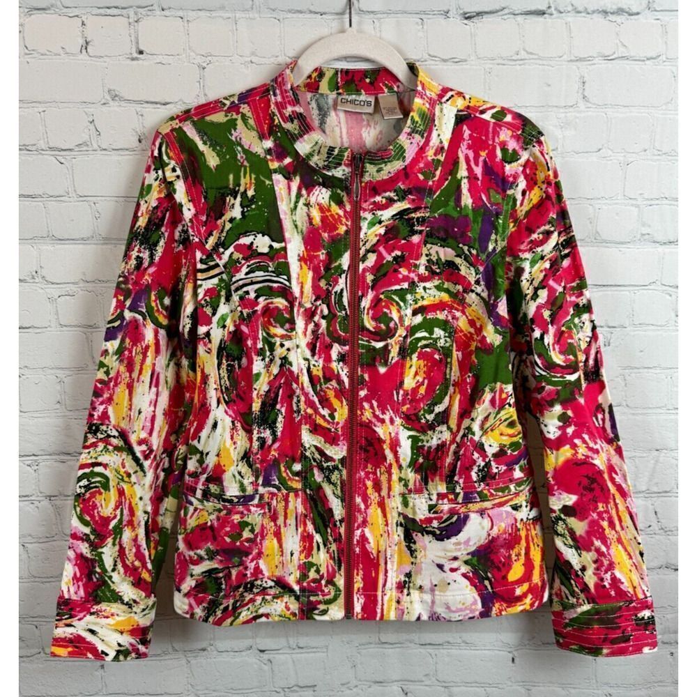 CHICO'S cotton stretch multicolor zipper unlined jacket blazer size 1 M